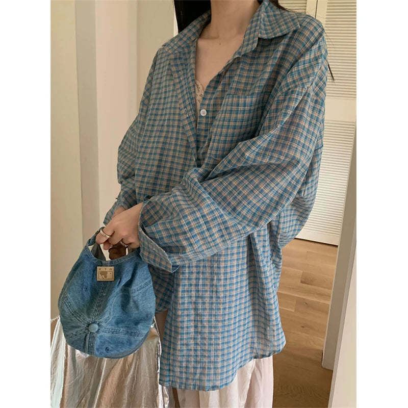 Koisoon Harajuku Plaid Sun Proof Shirts Women Streetwear Oversized Long Sleeve Blouses Summer Korean Fashion Loose Sun Protection Tops