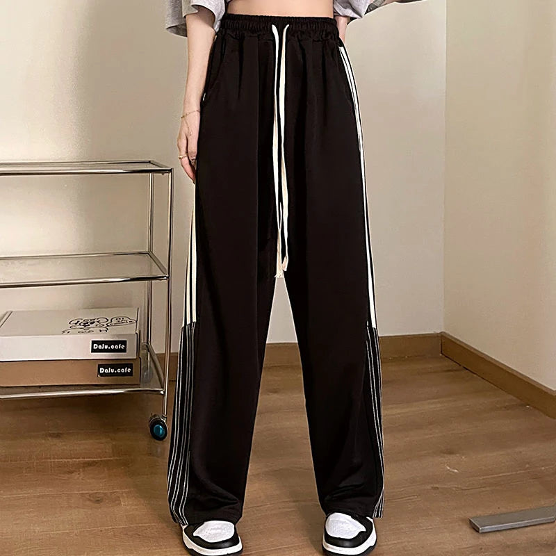 Koisoon Vintage Women High Waist Sweatpants American Style Fashion Striped Loose Wide Leg Pants Summer Female Streetwear Y2K Trousers