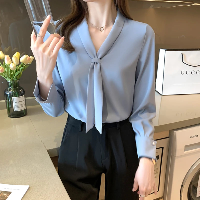 Koisoon Autumn Long Sleeve Chiffon Blouse Shirt Blouse Women Blusas Mujer De Moda Bow V-Neck Office Lady Blouse Tops Female Blouses