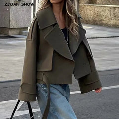 Koisoon 2024 Spring Notched Collar Safari Woolen Coat Retro Women Buckle Belt Hem Loose Full Sleeve Jacket Short Outerwear