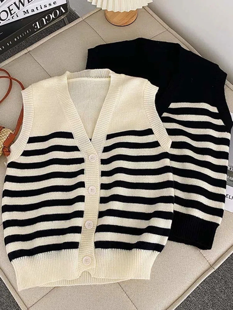 Koisoon Elegant Striped Women Cardigan Sweater Sleeveless Fall Single Breasted Knitted Vest Black Korean Office Ladies Thin Coats