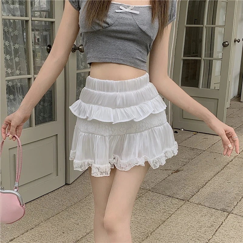 Koisoon Summer Sweet Skirts Women High Waist Slim A-line Gauze Jupe Faldas Mujer Korean Fashion Mini Skirt Black White Y2k Clothes