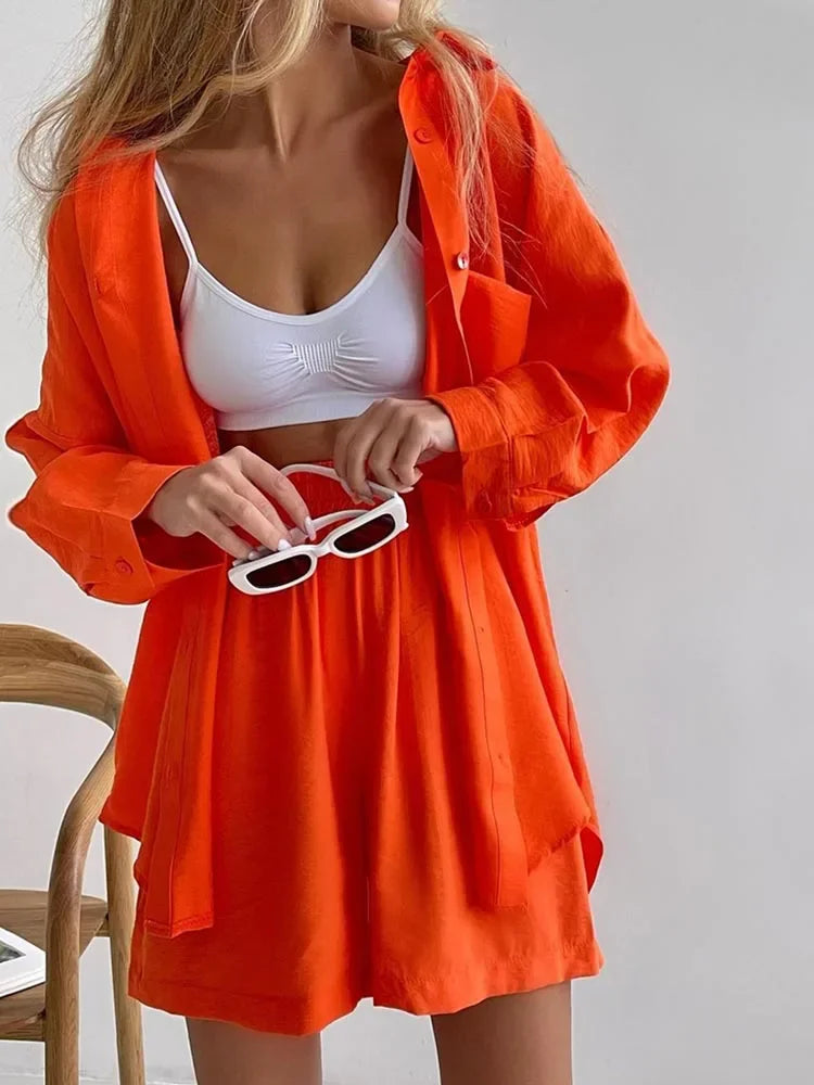 Koisoon Summer Women's Suit Shirt and Short Sets Solid Color Casual Cotton and Linen Blouse and Shorts Two Piece Sets Women Outfit 2024