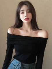 Koisoon 2024 Spring Sexy Bodycon Slim Tops Off Shoulder Long Sleeve Crop Tops Women Spicy Girl Fit Short Red T-shirt Korean Clothing