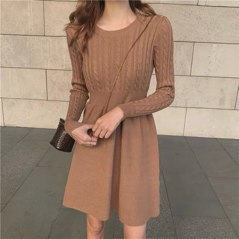 Koisoon Women Sweater Long Sleeve Dresses Autumn Winter Knitted Patchwork Slim O Neck Elegant Solid Color New Year Pullover Dresses