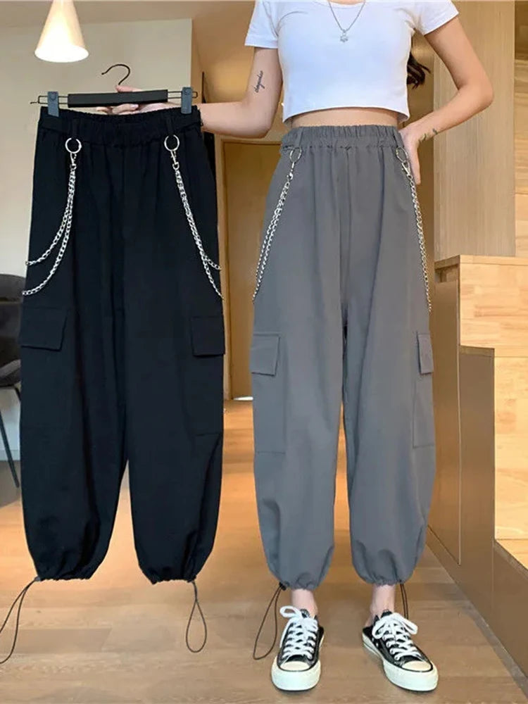 Koisoon Fashion Chain Caro Pants Women Elastic High Waist Sweatpants Black Grey Hip Hop Female Streetwear Drawstring Trousers New