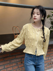 Koisoon Korean Ruffles Women Cardigan Sweet Preppy Style Elegant Knitting Sweaters Streetwear Loose Long Sleeve Design Casual Tops