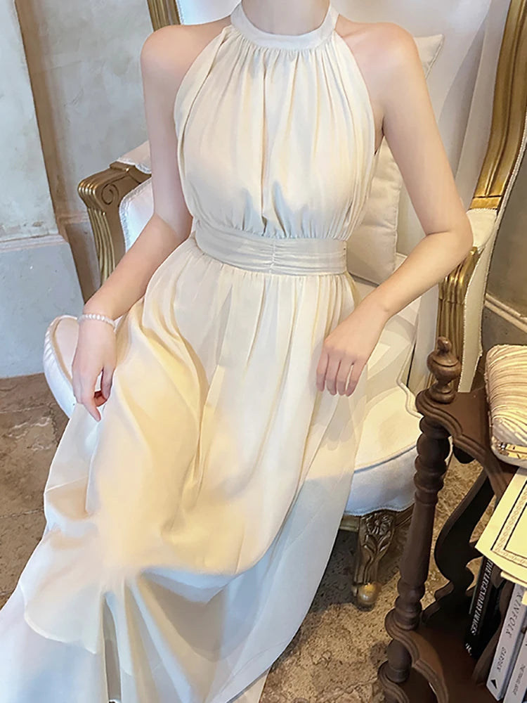 Koisoon 2024 New White Sleeveless Sexy Neck-mounted Long Dress Women Elegant Luxury Dress Gown Summer Korean Bodycon Dance Party Dresses