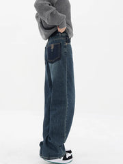 Koisoon Blue Jeans For Women High Waist Vintage Straight Baggy Denim Pants Streetwear American Style Fashion Wide Leg Denim Trouser