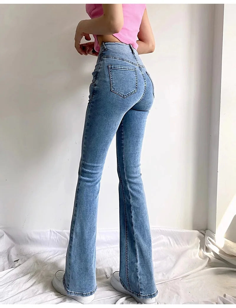 Koisoon Gray Stretch Flare Jeans For Women High Waist Women's Skinny Denim Pants With Buttons Women Flare Leg Jeans Stretch Trousers