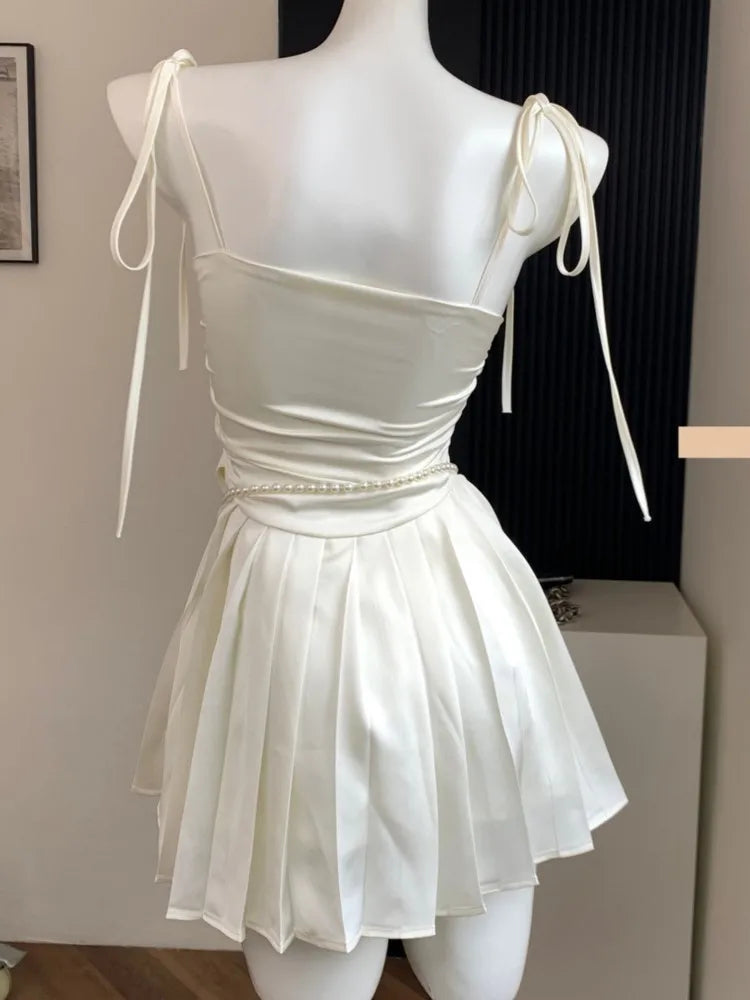 Koisoon Y2K Satin Short Dress with Belt Chain Women New Summer Solid Spaghetti Strap Slim A-line Pleated Korean Chic Sexy Party Dresses