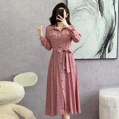 Koisoon Spring New Women Striped Long Sleeve Shirt Dress Fashion Lace Up Elegant Lady Turn-Down Collar Single Breasted Robe Dresses