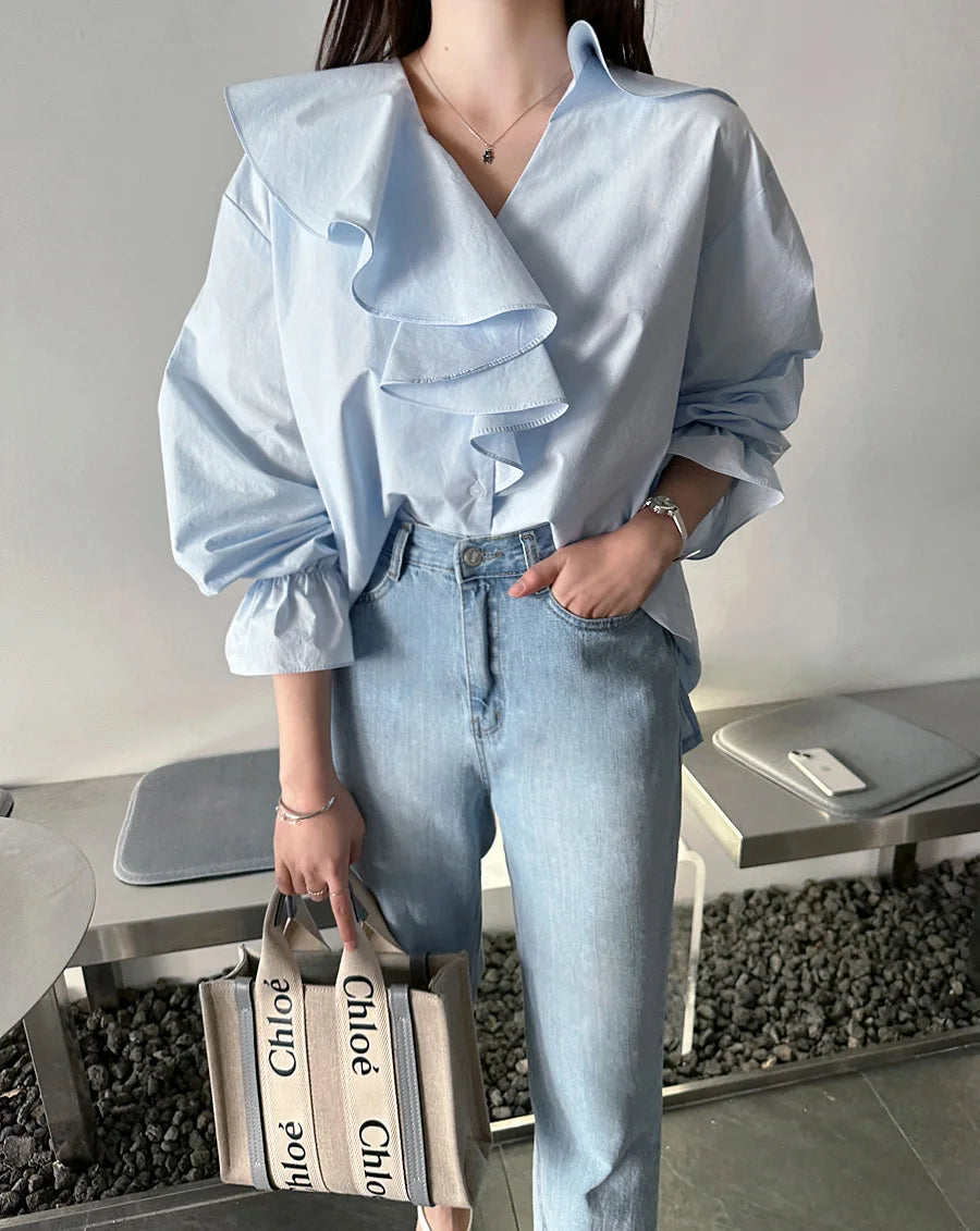 Koisoon Ruffles V-Neck Cotton Shirts Elegant Women Female Lantern Sleeve Tops Blouses Casual OL Shirt Blusas Spring Summer