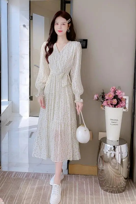 Koisoon New Spring Summer Fashion Print Midi Dresses for Women Long Sleeved V-neck Party Birthday Slim Cute Sweet Fairy Dress Korean