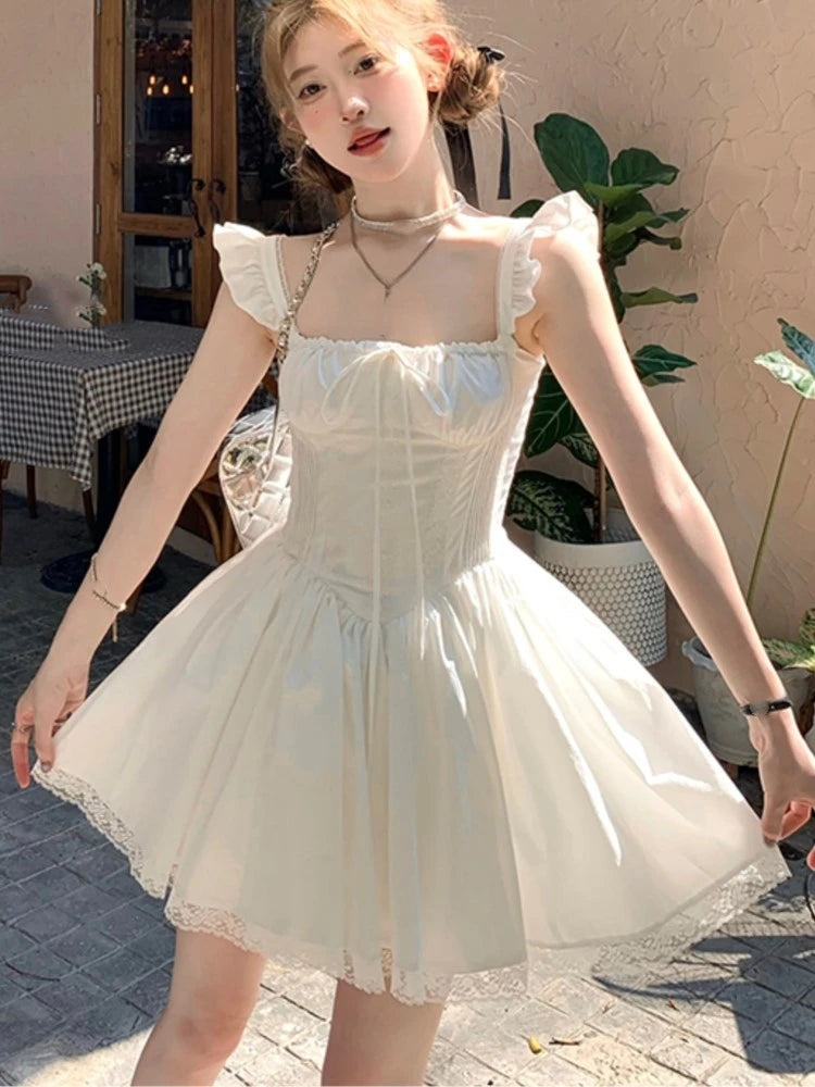 Koisoon Y2K Pleated Mini Corset Dress Women Square Collar Lace Patchwork Off Shoulder New Summer Party Dresses Kawaii A-line Vestidos