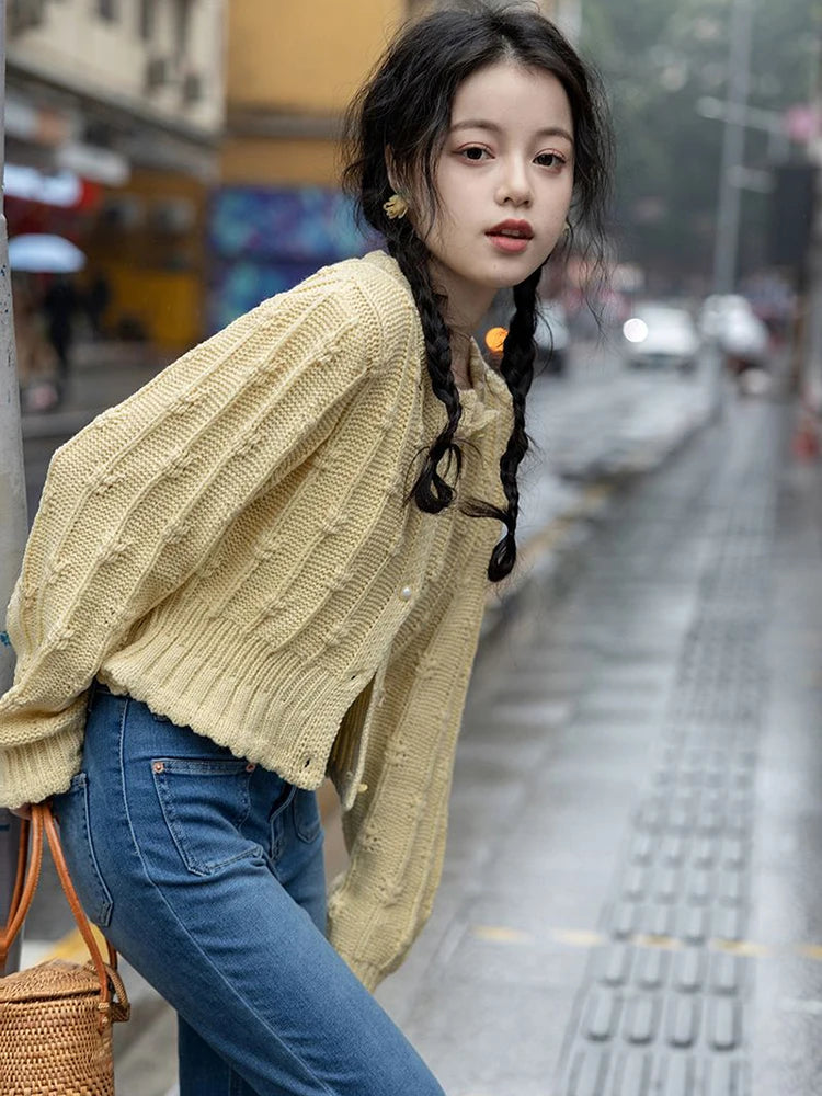 Koisoon Korean Ruffles Women Cardigan Sweet Preppy Style Elegant Knitting Sweaters Streetwear Loose Long Sleeve Design Casual Tops