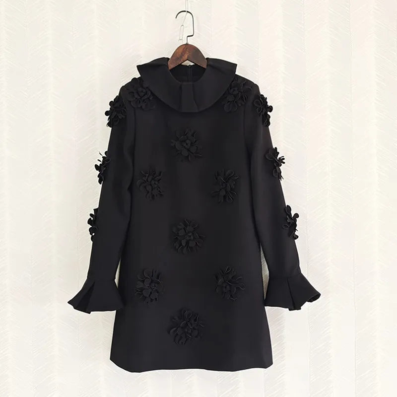 Koisoon New Designer 3D Flowers Appliques Dress Fashion Women's Flare Sleeve Ruffled Collar A-line Dress Black Party Mini Dresses