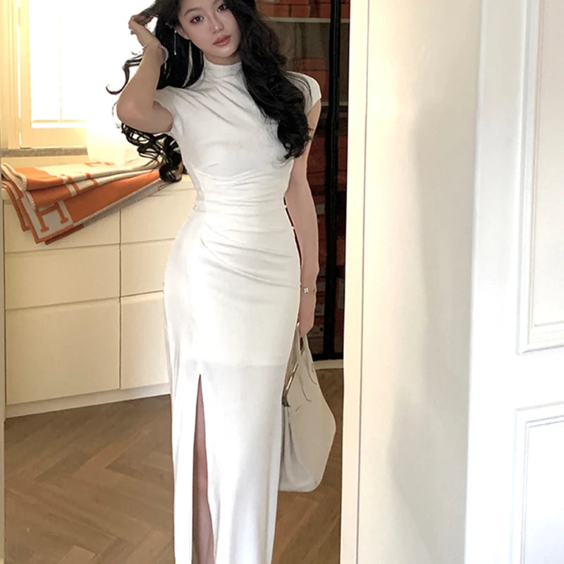 Koisoon Vintage Sexy Slim Birthday Bodycon White Long Dress for Women New Short Sleeve Party Club Prom Elegant Black Dresses Summer