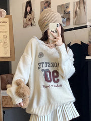 Koisoon Lace Patchwork Sweet Sweaters Women Cute Letter Loose Knitted Pullovers Casual Long Sleeve Lazy Wind Elegant Retro Tops New