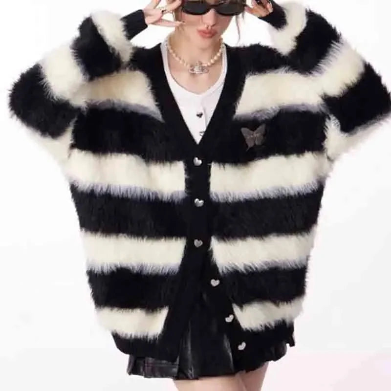 Koisoon Autumn Winter Women Black White Striped Cardigan Sweater Lazy Wind V-neck Warm Fashion Casual Loose Long Sleeve Knitted Coats