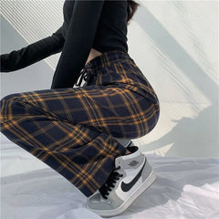 Koisoon Harajuku Fashion Women Plaid Casual Sweatpants Spring Autumn New High Waist Streetwear Loose All-match Wide Leg Sports Trousers