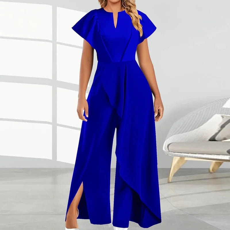 Koisoon Spring Solid V Neck Irregular Party Jumpsuit Women High Waist Wide Leg Split Pants Rompers Summer Short Sleeve Straight Overalls