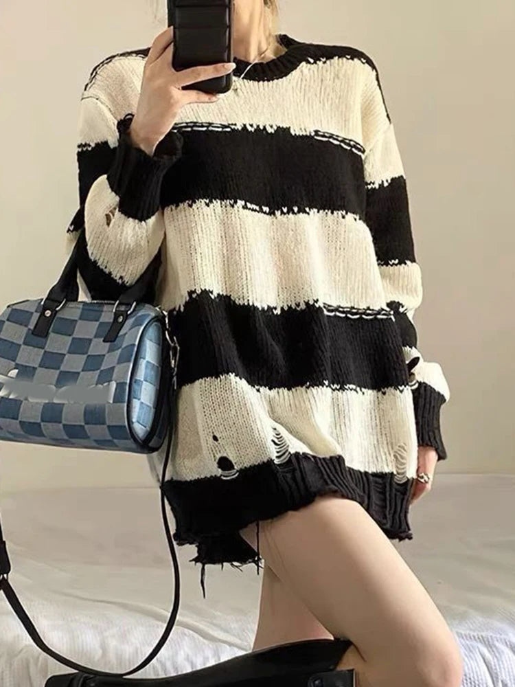 Koisoon Harajuku Hole Striped Sweaters Women Streetwear Y2K Loose Knitted Pullover Korean Casual Vintage Long Sleeve Female Jumpers