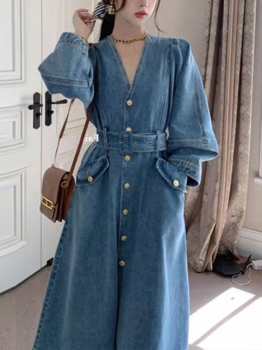 Koisoon V Neck Denim Dress Women Spring Autumn French Style A-line Jeans Long Sleeve Dress Single Breasted Casual Solid Robe