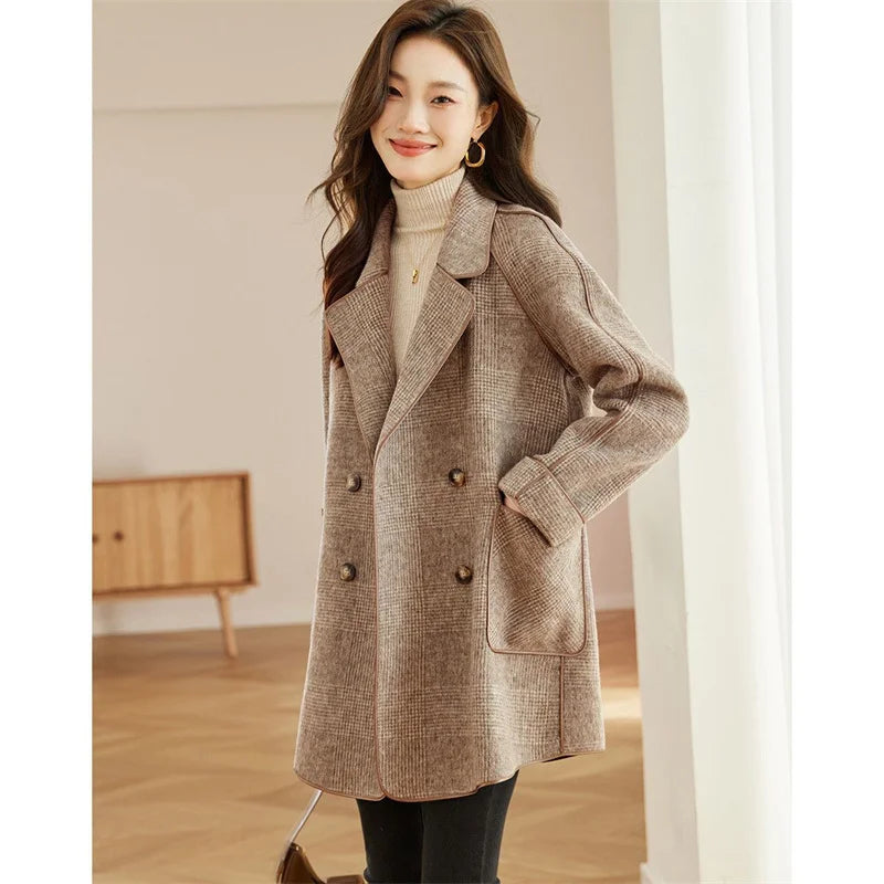 Koisoon Woolen Coats Fashion Office Lady Turn-Down Collar Double Breasted Winter New Jacket For Women Pocket Retro Plaid Outerwea