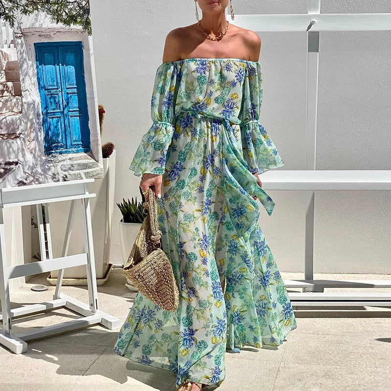 Koisoon Bohemian Vacation Chiffon Long Dress Ladies Slash Neck High Waist Party Dress Fashion Floral Print Flare Sleeves Beach Dresses