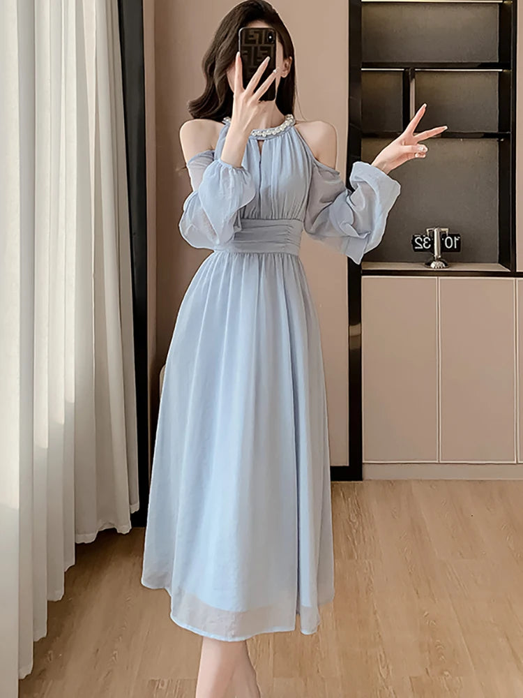 Koisoon Women Blue Chiffon Off Shoulder Sexy Long Dress Spring Elegant Chic Diamonds Casual Dress 2024 Korean Fashion Bodycon Prom Dress