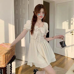 Koisoon Vintage Elegant Bow Dress Fashion Square Collar Women Cute Fungus Lace A Line Dresses Y2K Female Puff Sleeve Mini Dress