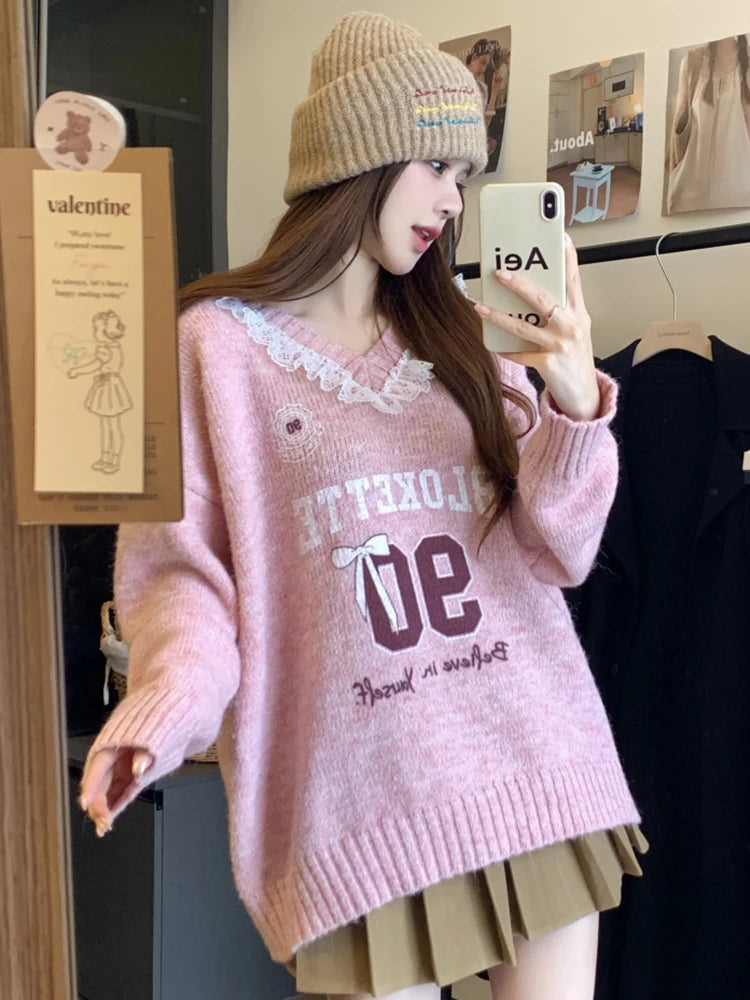 Koisoon Lace Patchwork Sweet Sweaters Women Cute Letter Loose Knitted Pullovers Casual Long Sleeve Lazy Wind Elegant Retro Tops New