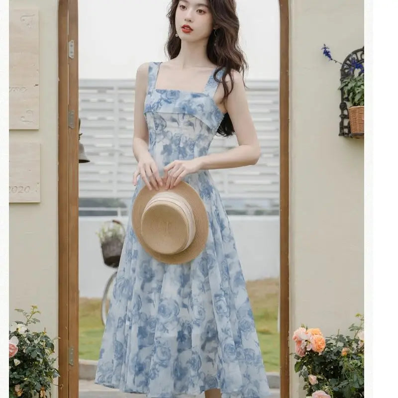 Koisoon Vintage Floral Two-piece Dress Women Summer Elegant Long Strap Dress Female Korean Style Beach Evening Party Fairy Dresses