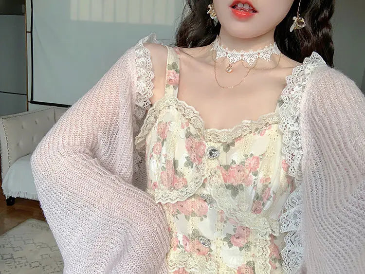 Koisoon Chiffon Lace Strap Dress Women Floral Embroidery Fairy Vintage Long Dress Female Sweet Princess Casual Party Dresses Summer