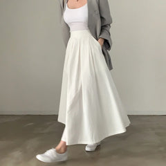 Koisoon Elegant Women White Long Pocket Skirts For Female Casual Loose A-Line High Elastic Waist Midi Skirt 2024 Spring Summer L986