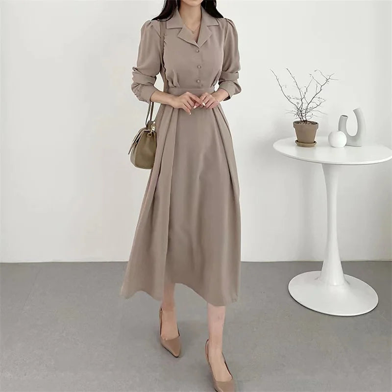 Koisoon Fashion Solid Color Dress Korean Women's Spring New Lapel Elegant Slim Waist Thin Puff Long Sleeve Dresses Office Lady