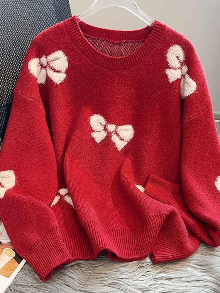 Koisoon Christmas Red Bow Sweaters Women Loose Sweet Knitted Pullovers Korean Fashion Long Sleeve Elegant Lady Kawaii Tops Jumpers