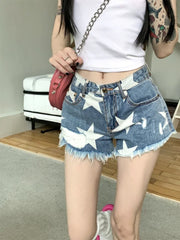 Koisoon Star Print Summer Denim Shorts Women Y2k Ripped Low Wasit Jean Shorts Female Streetwear American Retro Hotsweet Bottoms