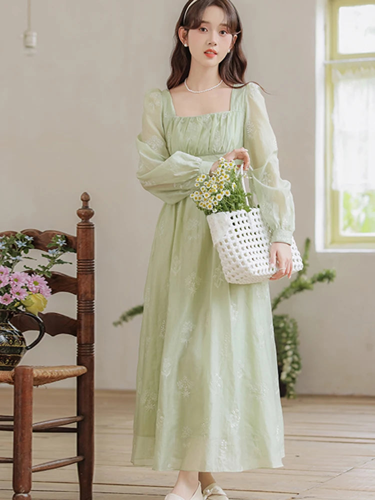 Koisoon ﻿French Elegant Green Mori Girl Style Flowers Embroidery Sweet Dress Square Collar Full Sleeve Chiffon Fashion Dress For Women ﻿