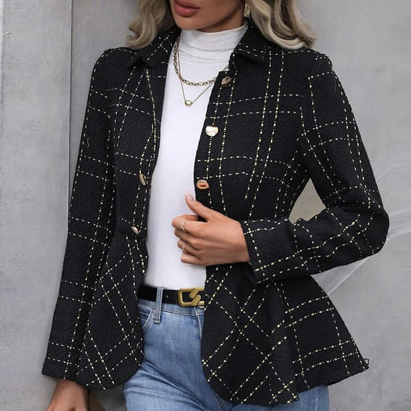 Koisoon Women Buttoned Slim Autumn Coats Long Sleeve Winter Turn Down Collar Jackets Casual Jacquard Irregular Ruffle Hem Blazer