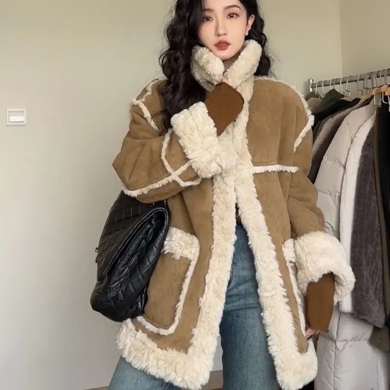 Koisoon Winter Warm Overcoats Women Outwear Casual Y2k Office Lady Vintage Faux Fur Wool Coat Ladies Korean Fashion Khaki Jackets Chic