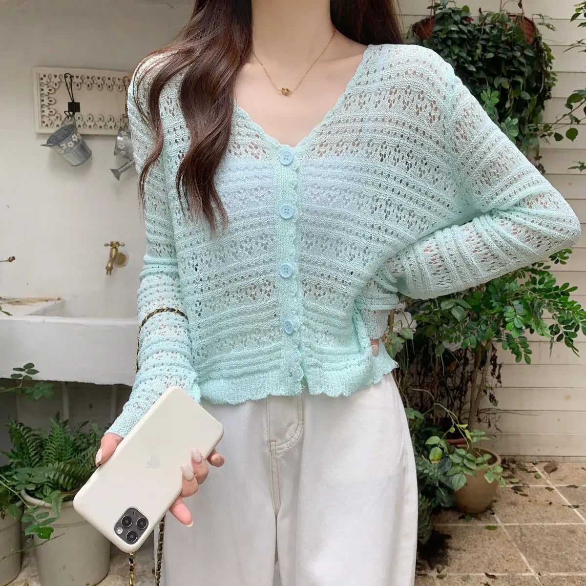 Koisoon Long Sleeve T Shirt Women's Summer Thin Section Hollow Ice Silk Knitted Cardigan Lace Button Korean Loose Top Striped Sexy Soft