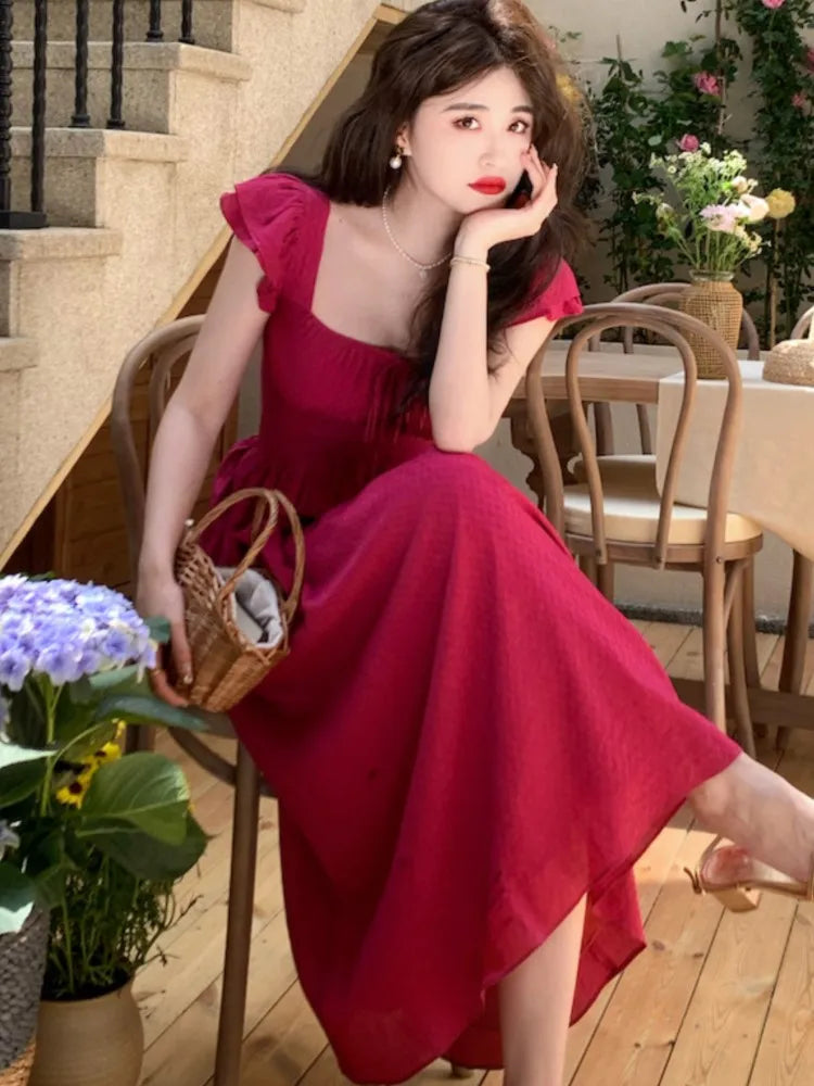 Koisoon Elegant Vintage Midi Dresses for Women Summer New Square Collar High Waist Princess Party Dress Casual A-line Vestido Mujer