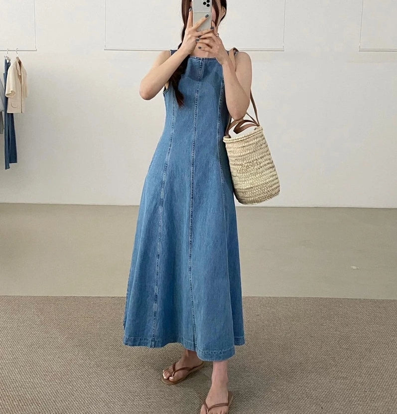 Koisoon Vintage Square Collar Denim Dress Casual Slim 2024 Summer Female Jeans Dress Zipper  Sleeveless Women Jeans Dress Vestidos S916