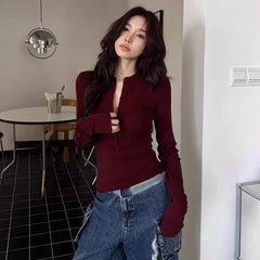 Koisoon Wine Red Button Up Knitted Sweater Women Autumn Winter Long Sleeve Slim Fit Jumper Woman 2024 Streetwear Solid Basic Knitwear