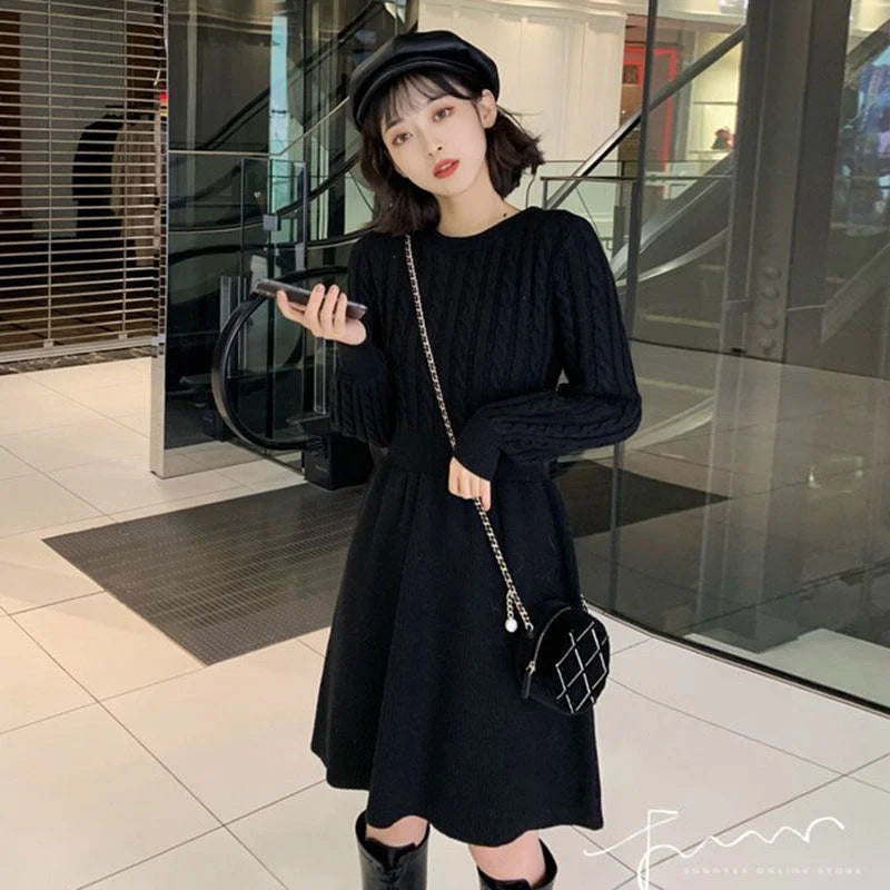 Koisoon Women Sweater Long Sleeve Dresses Autumn Winter Knitted Patchwork Slim O Neck Elegant Solid Color New Year Pullover Dresses