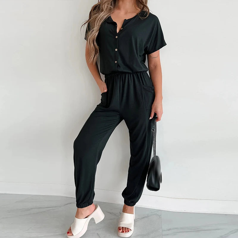 Koisoon Women Fashion O-neck Button Long Romper Casual Pencil Pants Pocket Solid Playsuit Overalls Elegant Elastic Waist Loose Jumpsuit