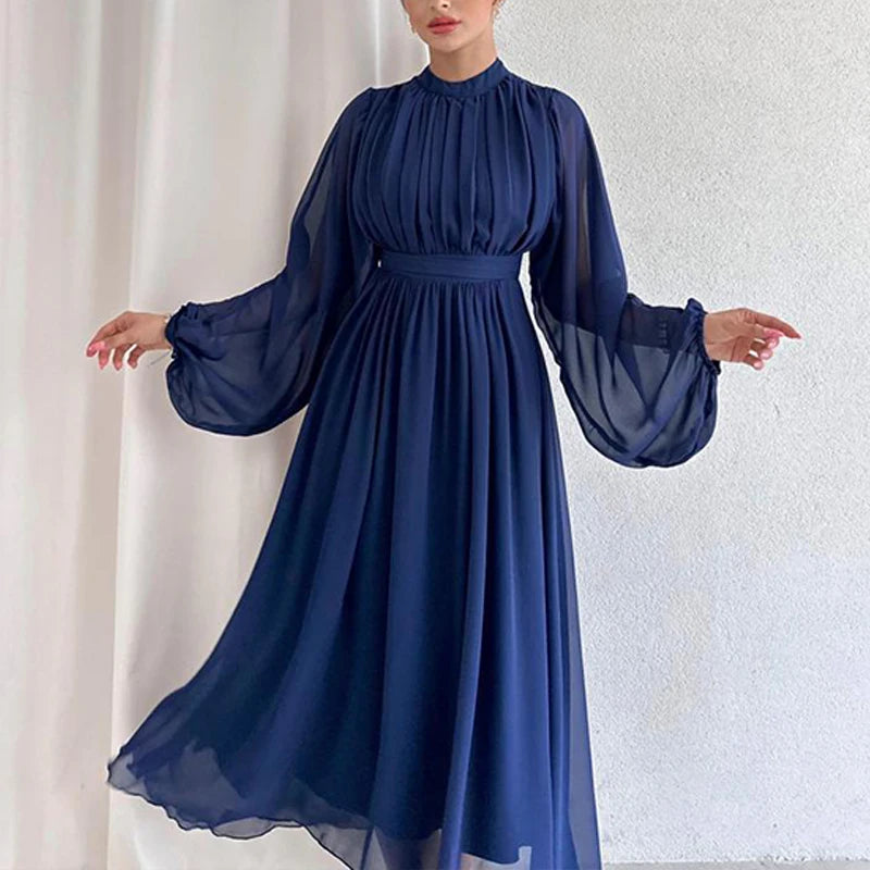 Koisoon Fashion Half High Collar Mesh Maxi Dress 2024 Women Solid Pleated Bridesmaid Dress New Spring Elegant Long Sleeved Waist Dresses