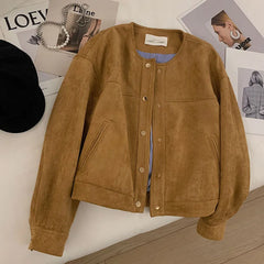 Koisoon Suede Short Jacket Women Korean Camel Fashion Long Sleeve Flight Suit Harajuku Single Breasted Loose Tops Female Vintage Coats